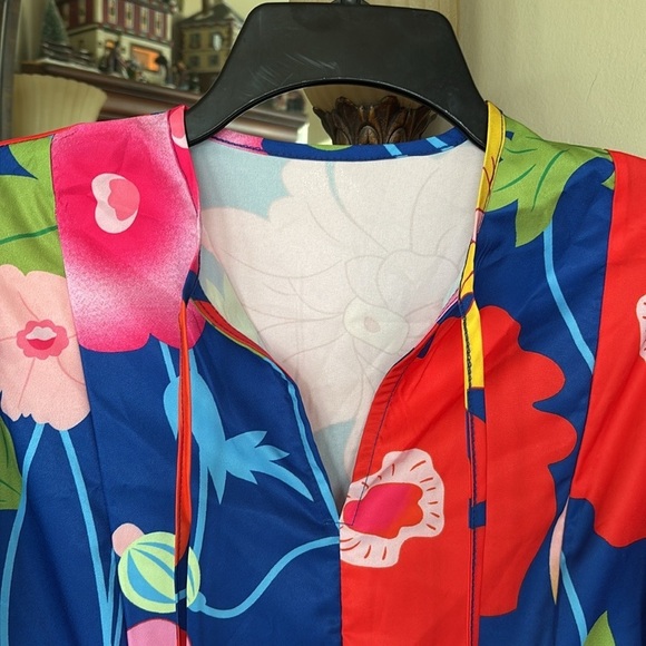 NWOT Colorful Floral Mini Dress Puff Sleeves Bow Tie Neckline Multicolored Mod - Picture 6 of 13